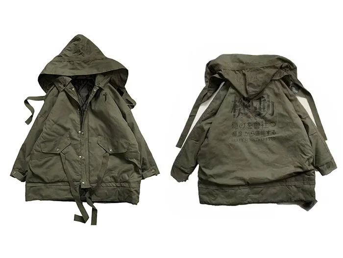 Detachable Letter Printed Mens Hooded Parkas Hip Hop Thick Padded Jackets Harajuku Ribbons Windbreaker Streetwear