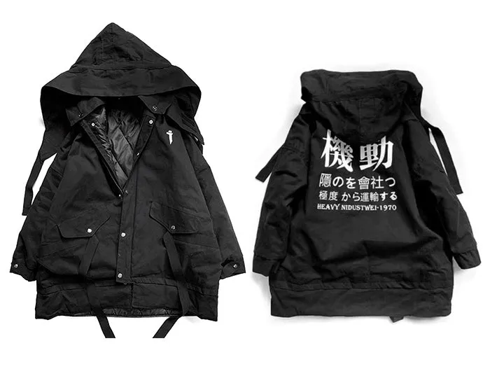 Detachable Letter Printed Mens Hooded Parkas Hip Hop Thick Padded Jackets Harajuku Ribbons Windbreaker Streetwear