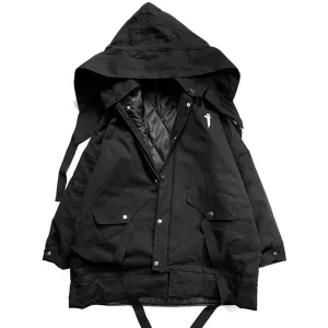 Detachable Letter Printed Mens Hooded Parkas Hip Hop Thick Padded Jackets Harajuku Ribbons Windbreaker Streetwear