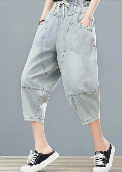 Drawstring personality pocket washed jeans plus size women's elasticated waist cropped pants