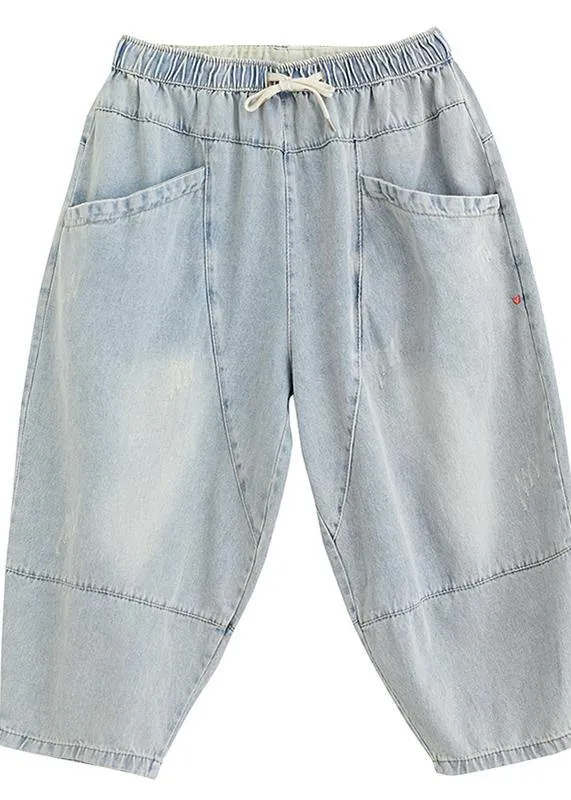 Drawstring personality pocket washed jeans plus size women's elasticated waist cropped pants