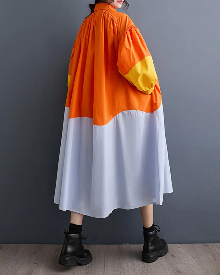 ellazhu Women's Button Down Patchwork Maxi Length Oversized Color Block Shirt Dress GZ133