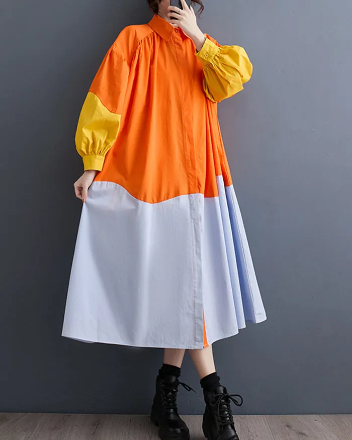 ellazhu Women's Button Down Patchwork Maxi Length Oversized Color Block Shirt Dress GZ133
