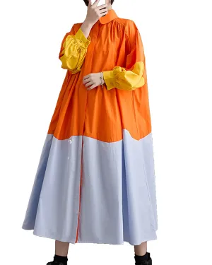ellazhu Women's Button Down Patchwork Maxi Length Oversized Color Block Shirt Dress GZ133