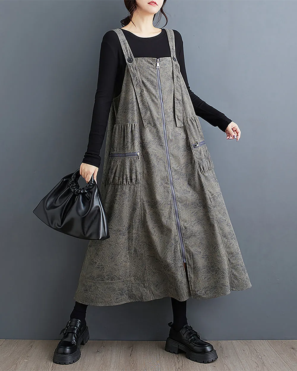 ellazhu Women's Dress Coat Strap Shoulder Zipper Two Side Pockets Flowy Hem Solid Color Loose Oversize GZ279
