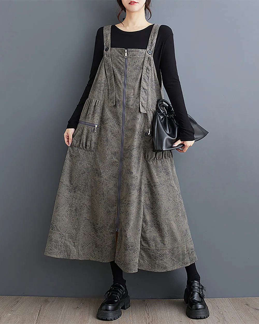 ellazhu Women's Dress Coat Strap Shoulder Zipper Two Side Pockets Flowy Hem Solid Color Loose Oversize GZ279