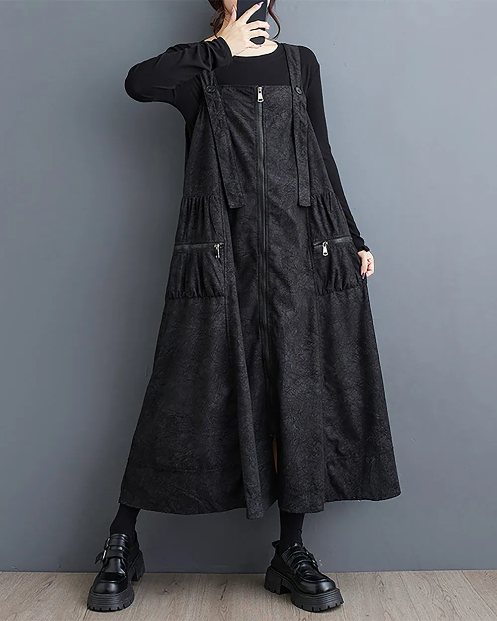 ellazhu Women's Dress Coat Strap Shoulder Zipper Two Side Pockets Flowy Hem Solid Color Loose Oversize GZ279