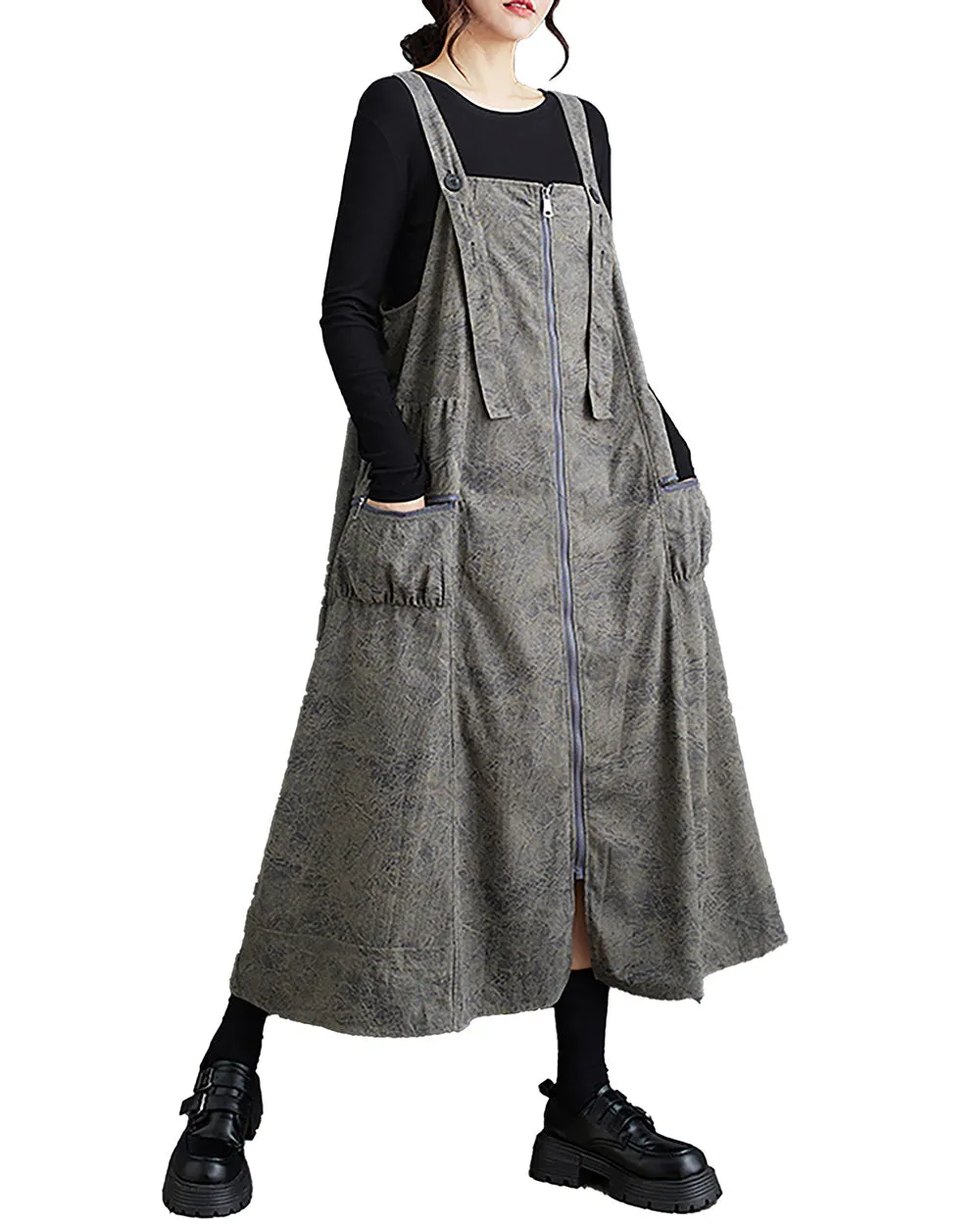 ellazhu Women's Dress Coat Strap Shoulder Zipper Two Side Pockets Flowy Hem Solid Color Loose Oversize GZ279