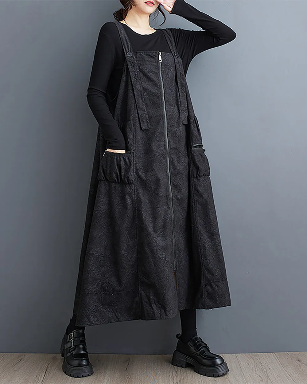 ellazhu Women's Dress Coat Strap Shoulder Zipper Two Side Pockets Flowy Hem Solid Color Loose Oversize GZ279
