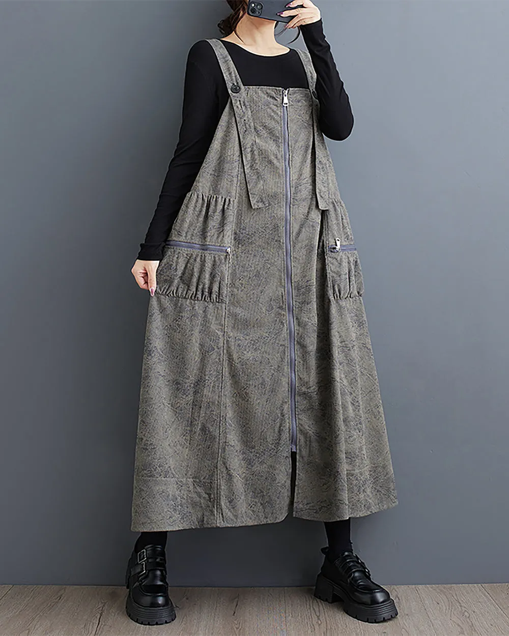 ellazhu Women's Dress Coat Strap Shoulder Zipper Two Side Pockets Flowy Hem Solid Color Loose Oversize GZ279
