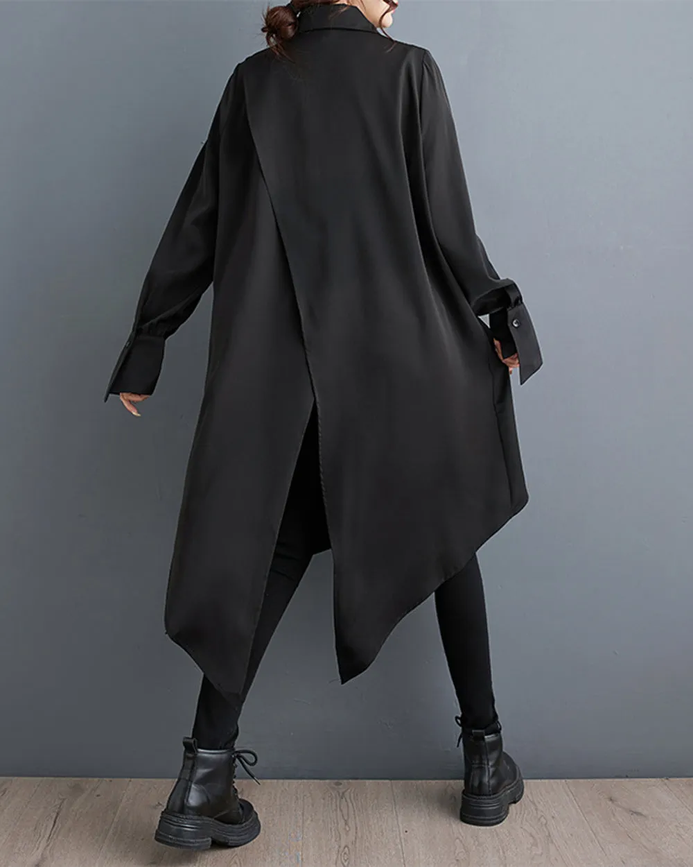 ellazhu Women's Oversized Solid Color Long Sleeve Back Slit Flowy Irregular Hem Shirt GZ150