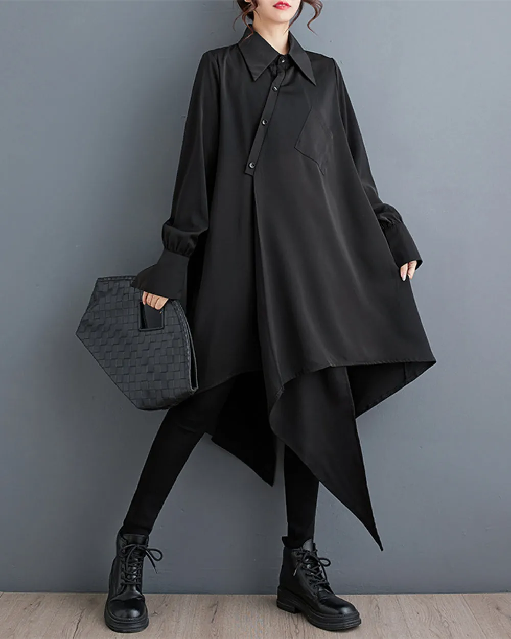 ellazhu Women's Oversized Solid Color Long Sleeve Back Slit Flowy Irregular Hem Shirt GZ150