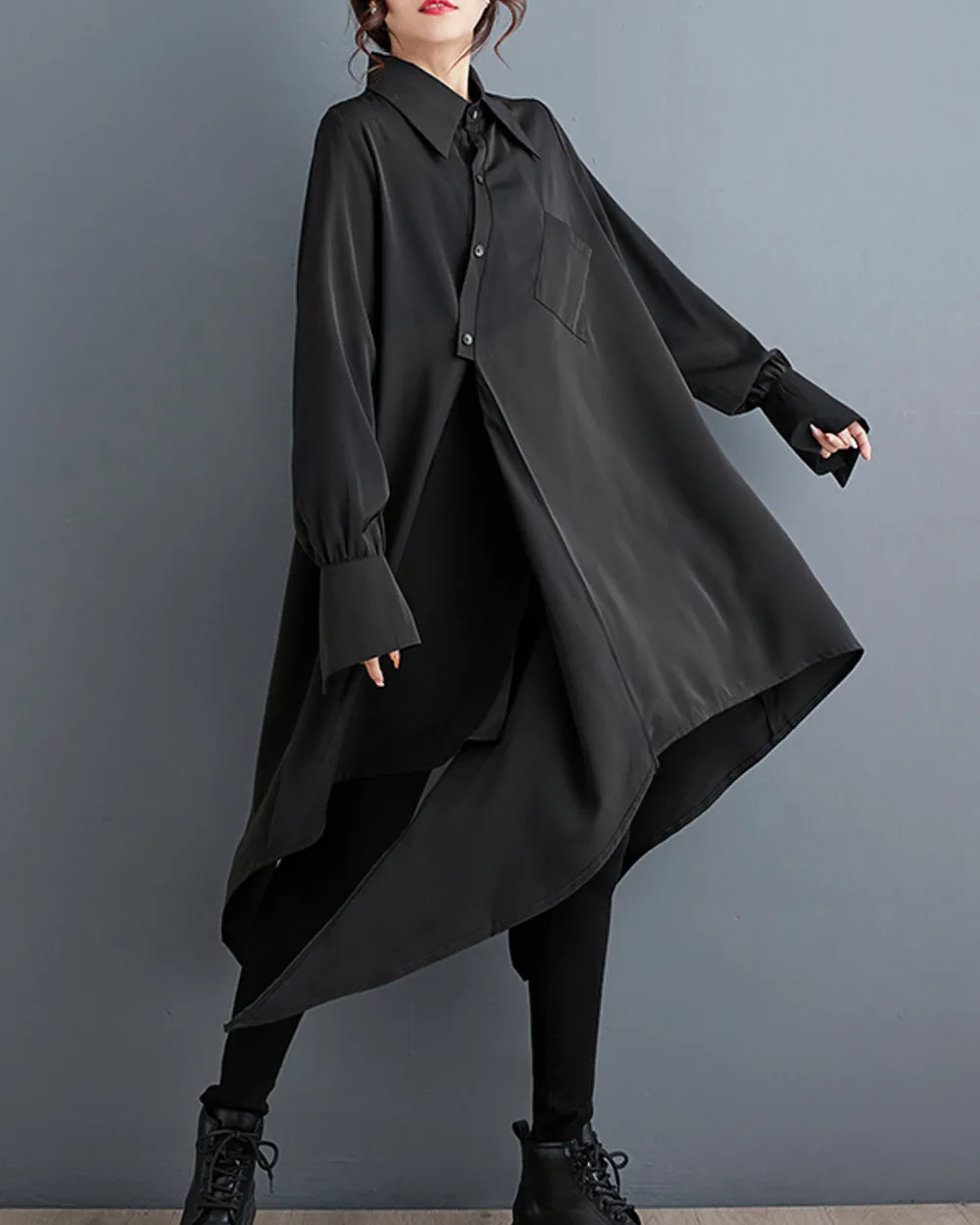 ellazhu Women's Oversized Solid Color Long Sleeve Back Slit Flowy Irregular Hem Shirt GZ150