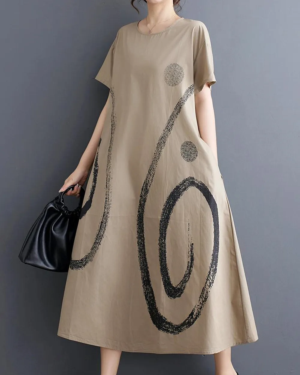 ellazhu Women's Short Sleeves Maxi Length Pattern Print Casual Shirt Dress GZ172