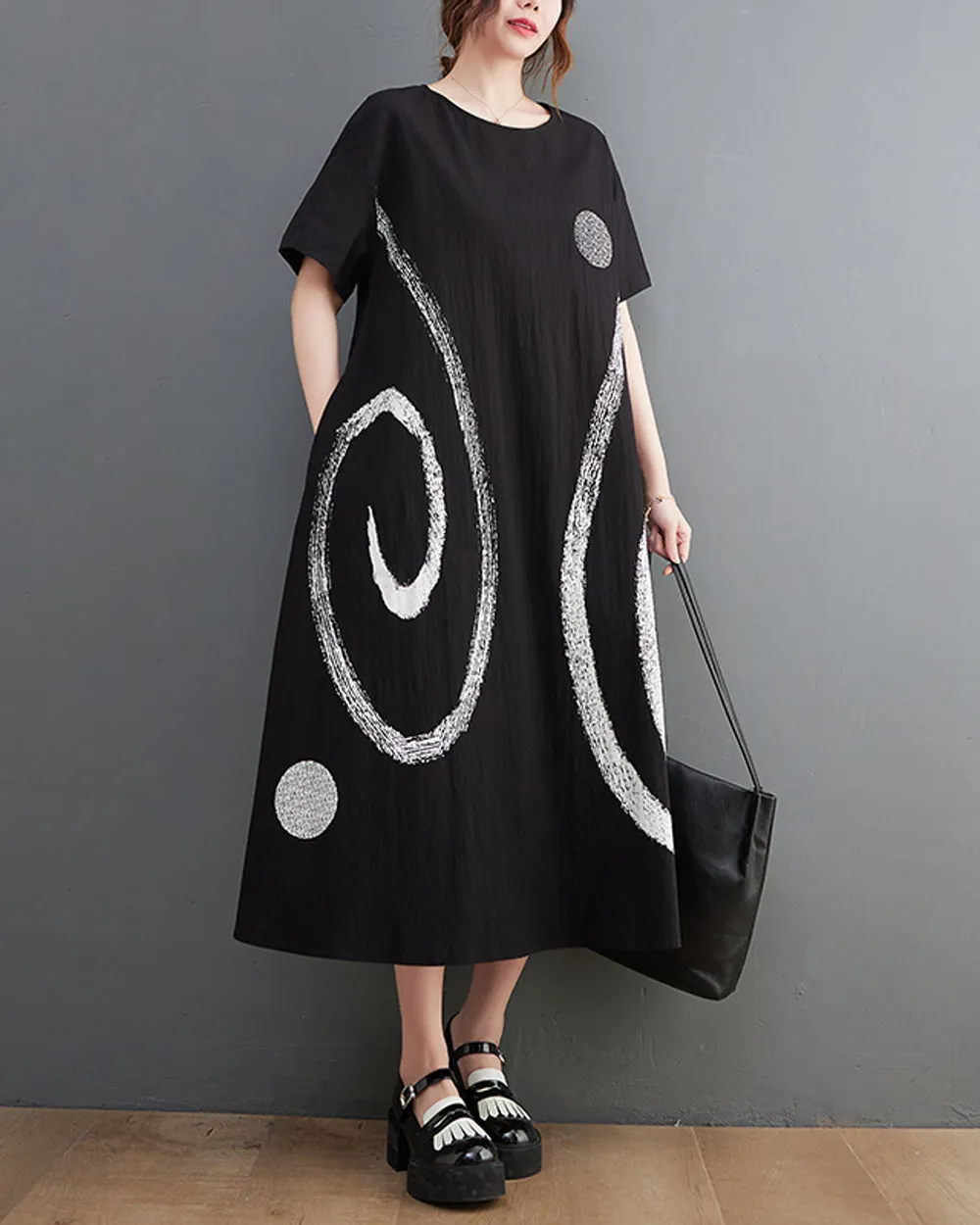 ellazhu Women's Short Sleeves Maxi Length Pattern Print Casual Shirt Dress GZ172