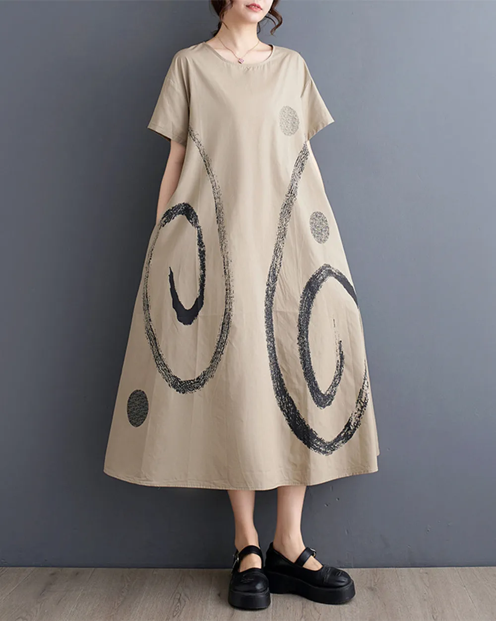 ellazhu Women's Short Sleeves Maxi Length Pattern Print Casual Shirt Dress GZ172