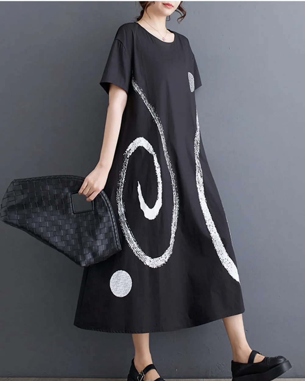 ellazhu Women's Short Sleeves Maxi Length Pattern Print Casual Shirt Dress GZ172