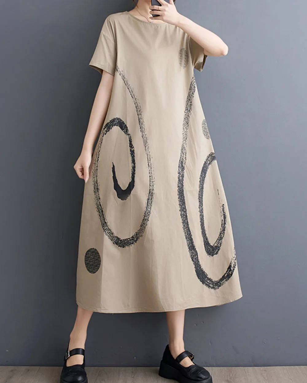 ellazhu Women's Short Sleeves Maxi Length Pattern Print Casual Shirt Dress GZ172