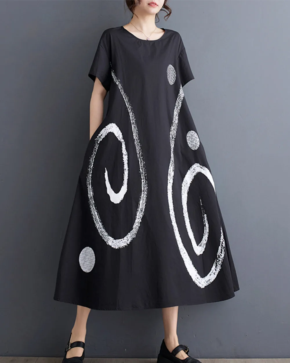 ellazhu Women's Short Sleeves Maxi Length Pattern Print Casual Shirt Dress GZ172