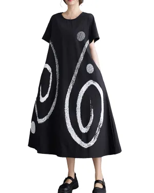 ellazhu Women's Short Sleeves Maxi Length Pattern Print Casual Shirt Dress GZ172