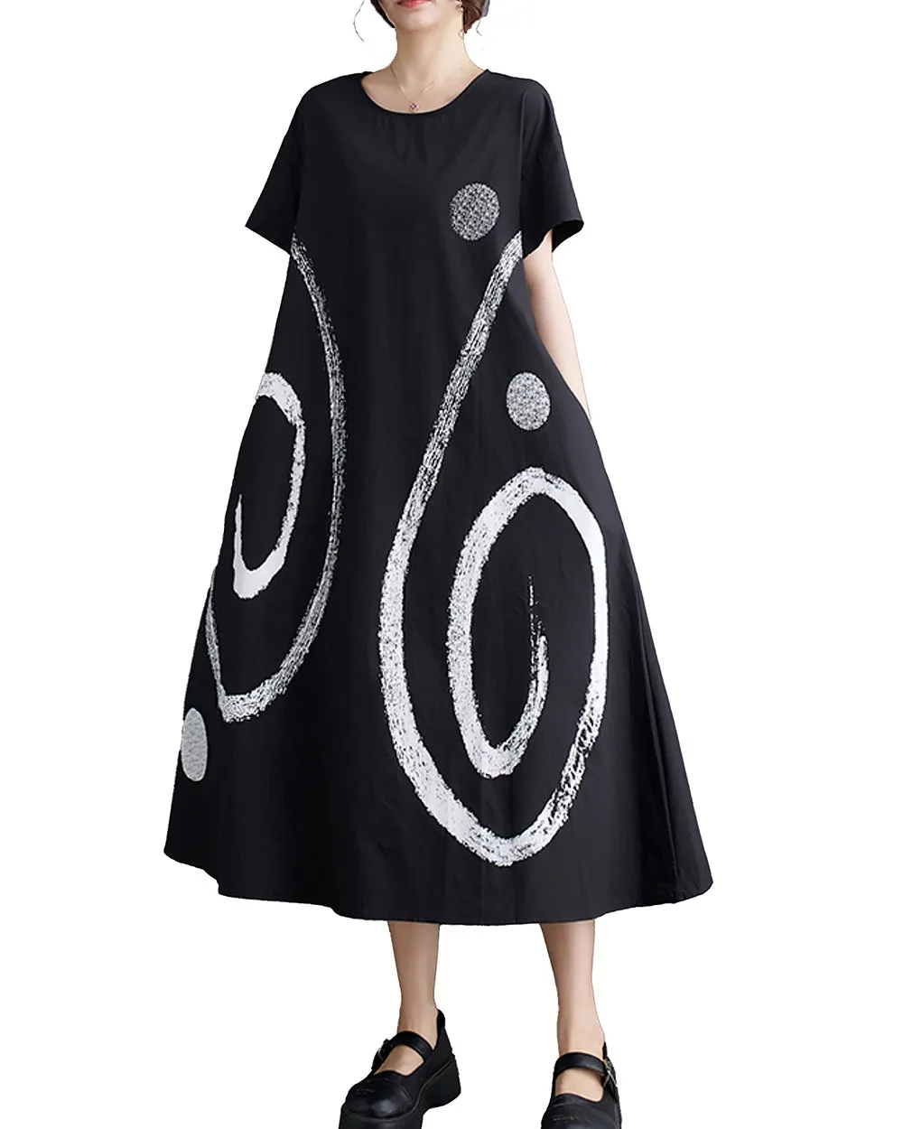 ellazhu Women's Short Sleeves Maxi Length Pattern Print Casual Shirt Dress GZ172