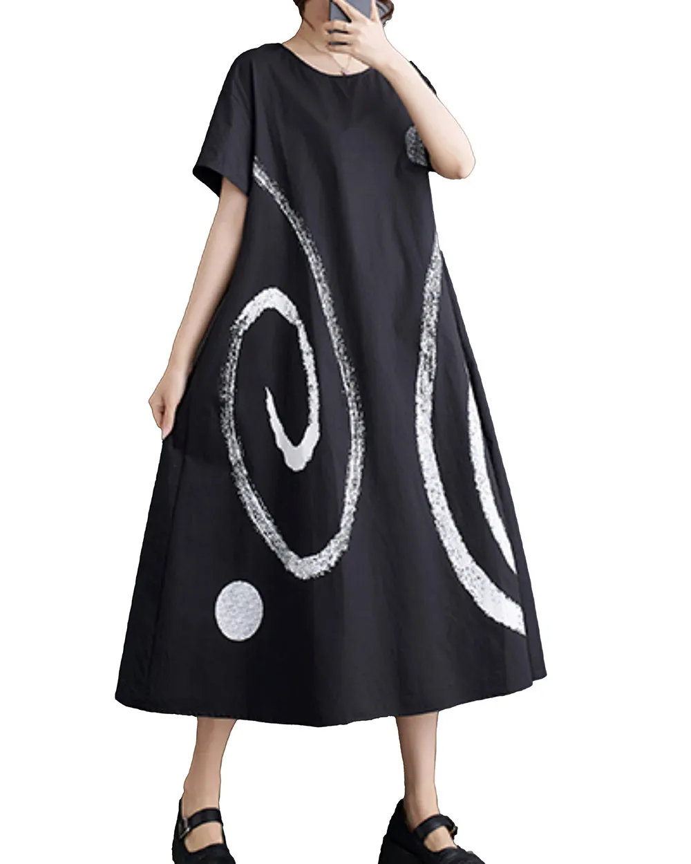ellazhu Women's Short Sleeves Maxi Length Pattern Print Casual Shirt Dress GZ172