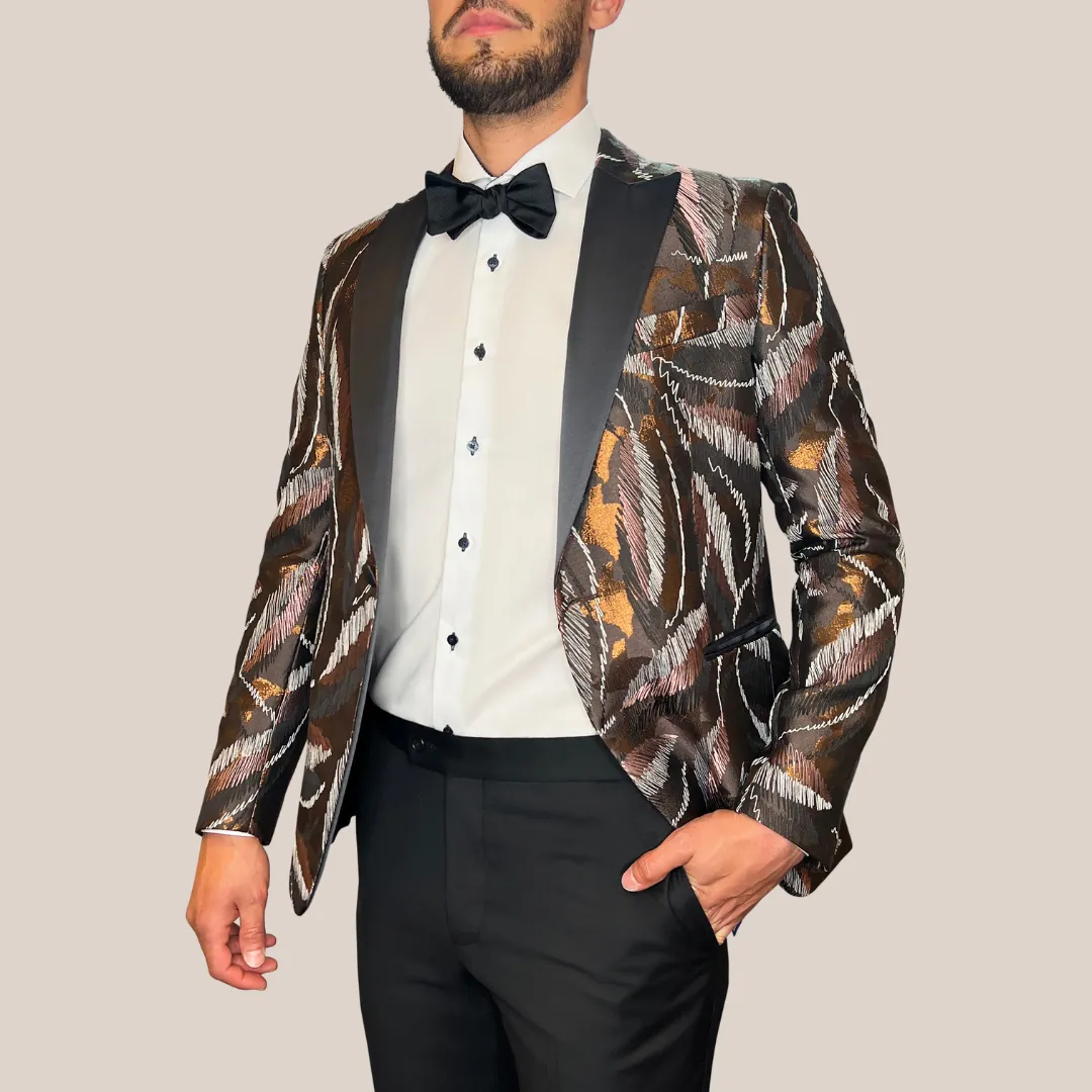Embroidered Design Peak Lapel Tuxedo Jacket - Brown