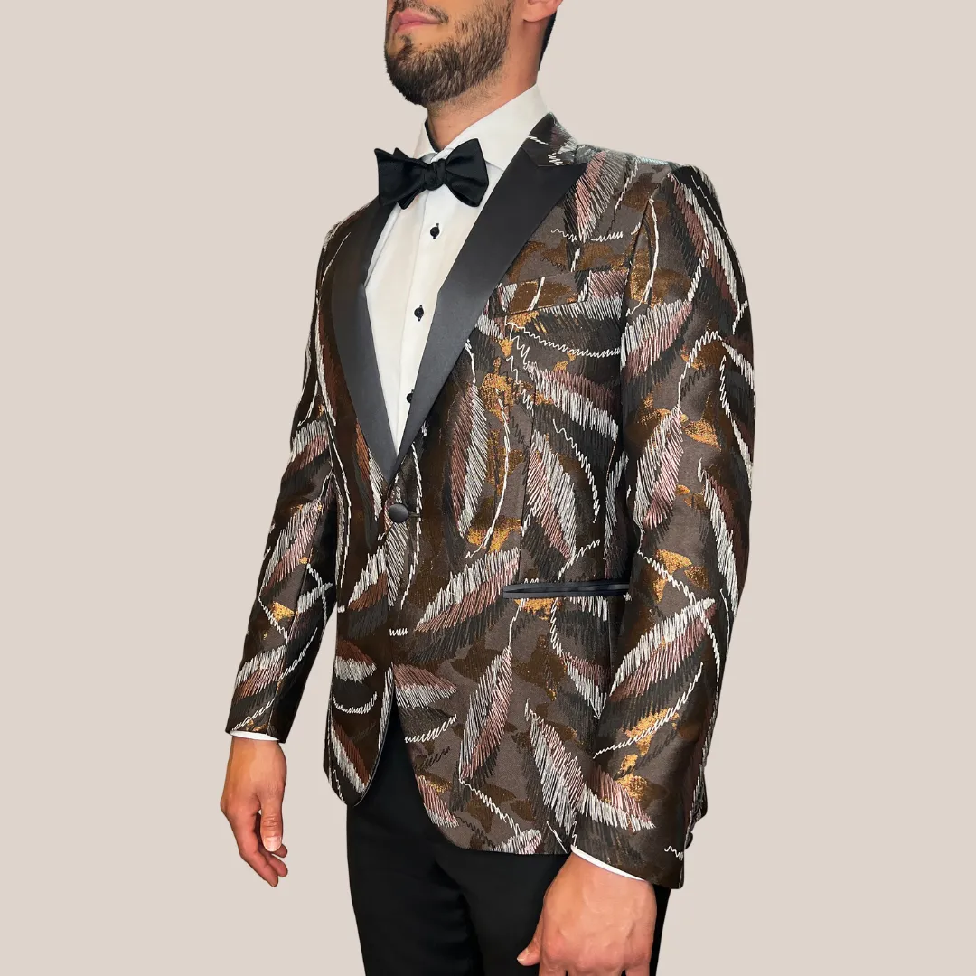 Embroidered Design Peak Lapel Tuxedo Jacket - Brown