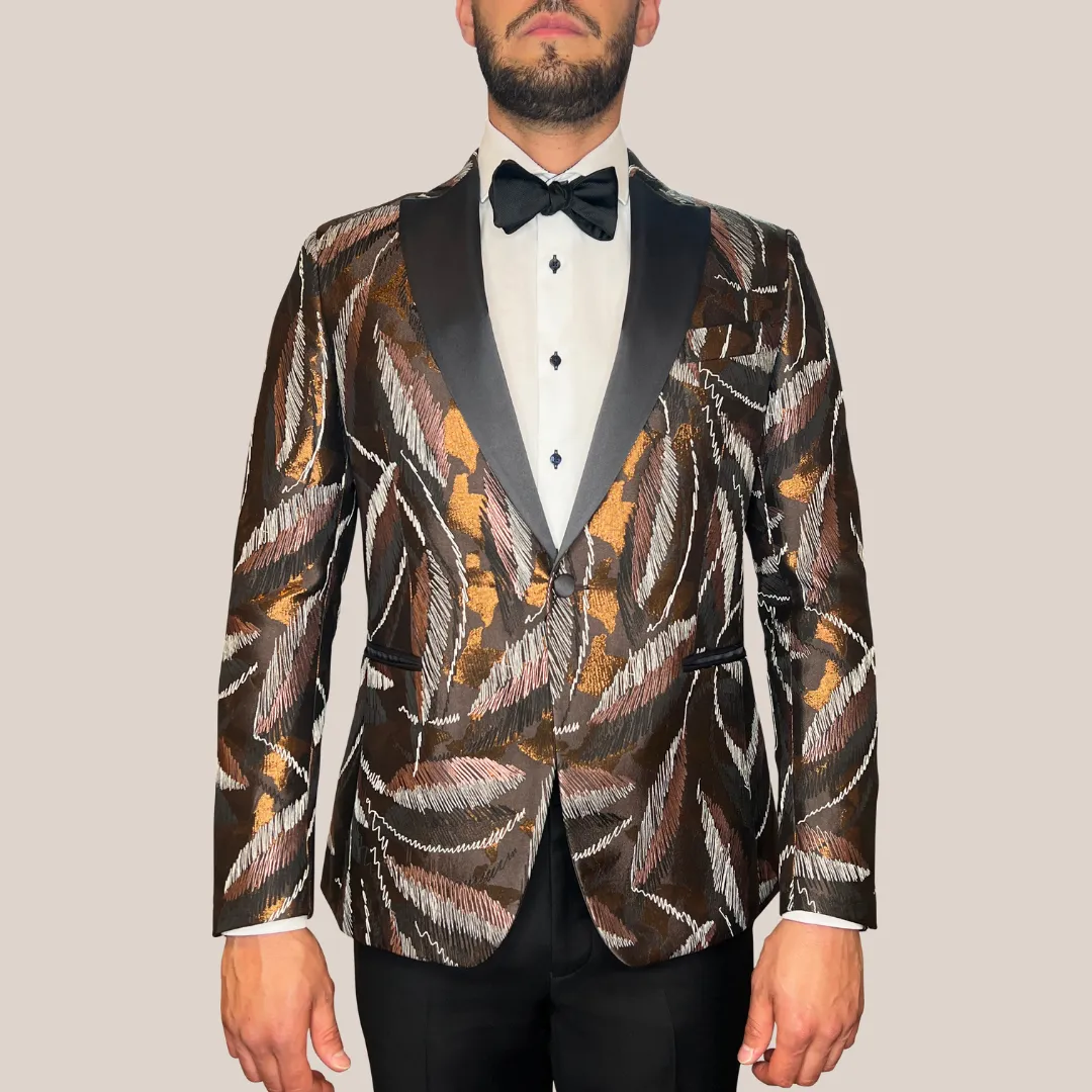 Embroidered Design Peak Lapel Tuxedo Jacket - Brown