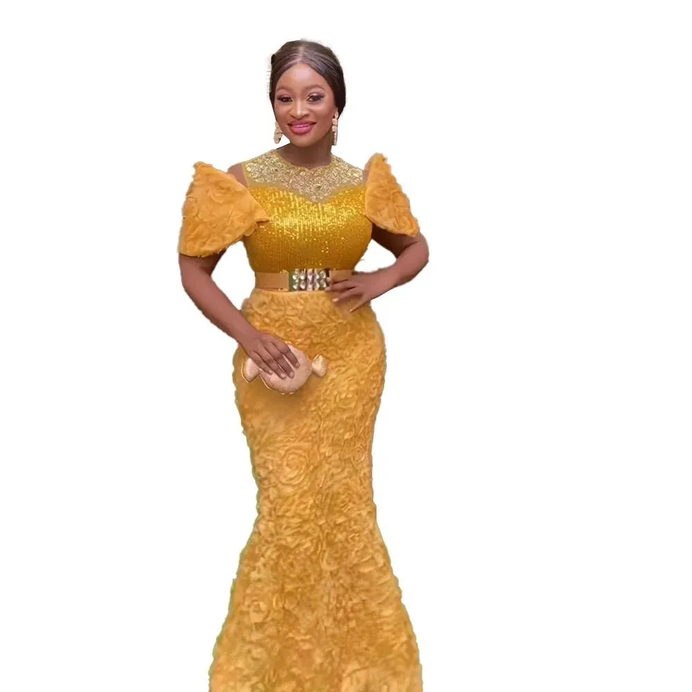 Exquisite African Evening Dresses: Mesh 3D Embroidery, Rhinestone Sequin Belt, and Luxury Elegance