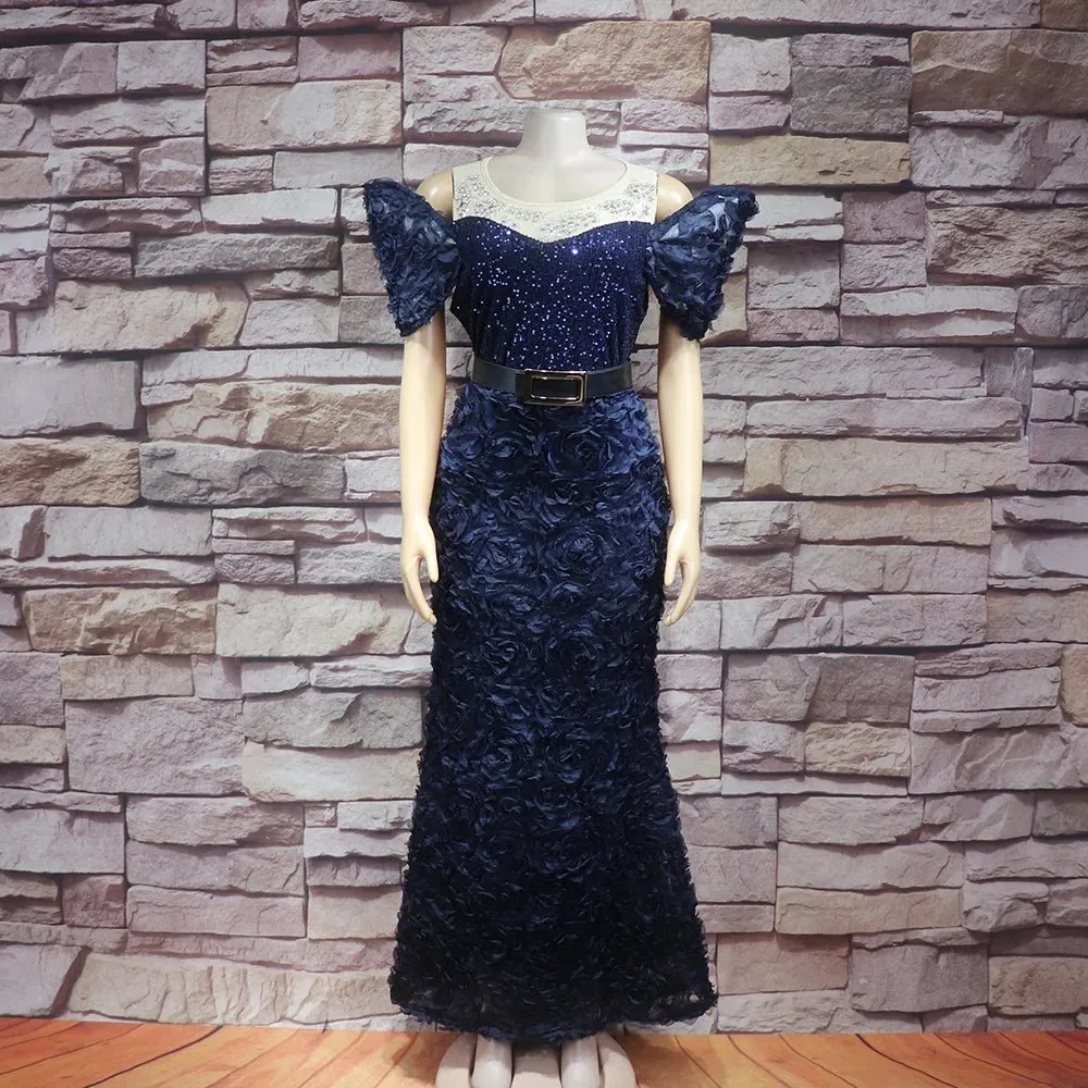 Exquisite African Evening Dresses: Mesh 3D Embroidery, Rhinestone Sequin Belt, and Luxury Elegance