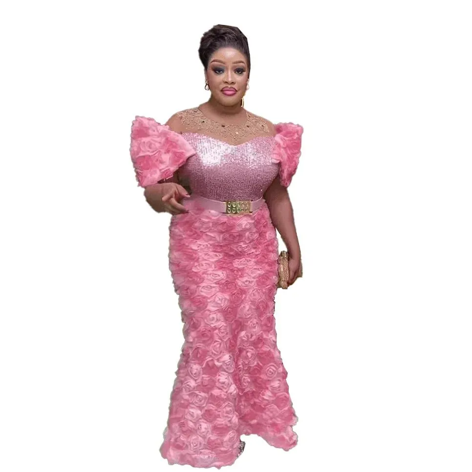 Exquisite African Evening Dresses: Mesh 3D Embroidery, Rhinestone Sequin Belt, and Luxury Elegance
