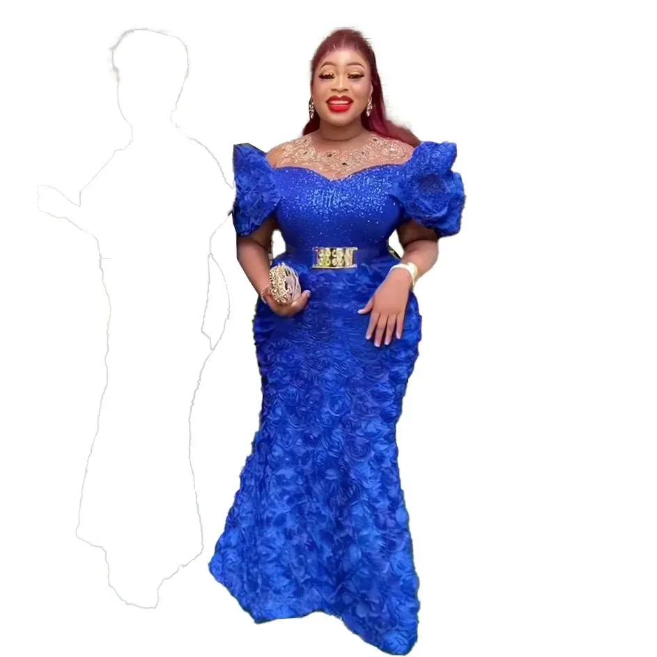 Exquisite African Evening Dresses: Mesh 3D Embroidery, Rhinestone Sequin Belt, and Luxury Elegance