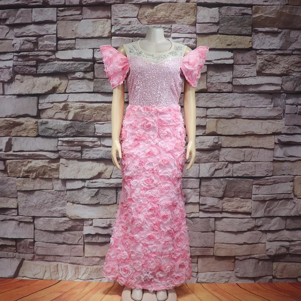 Exquisite African Evening Dresses: Mesh 3D Embroidery, Rhinestone Sequin Belt, and Luxury Elegance