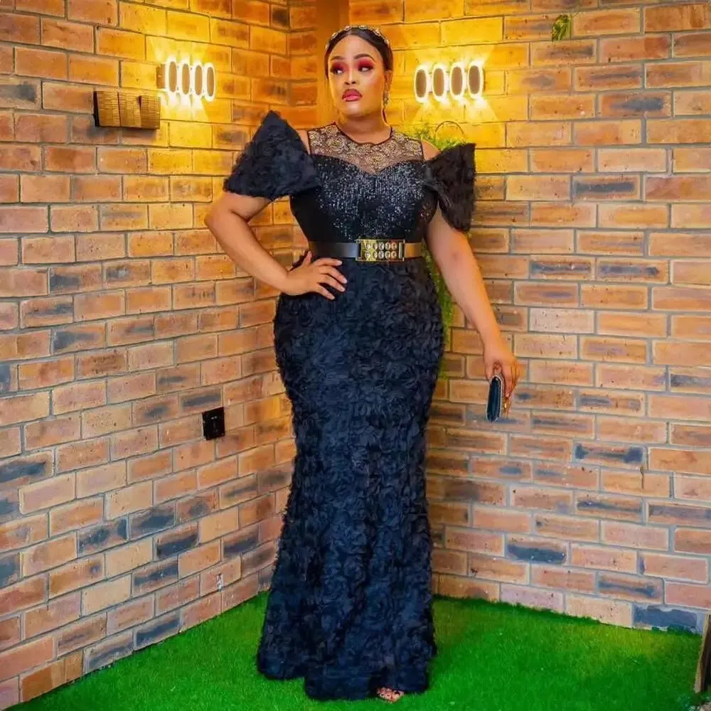 Exquisite African Evening Dresses: Mesh 3D Embroidery, Rhinestone Sequin Belt, and Luxury Elegance
