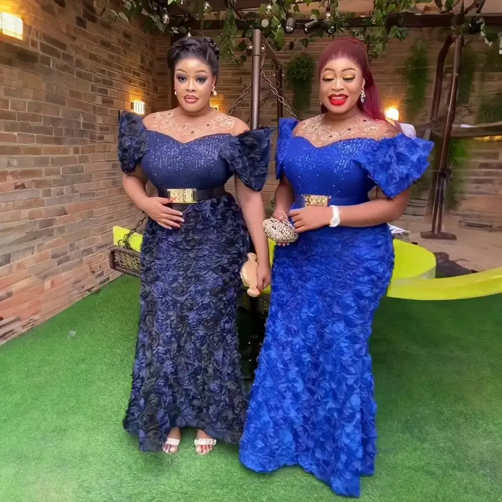 Exquisite African Evening Dresses: Mesh 3D Embroidery, Rhinestone Sequin Belt, and Luxury Elegance
