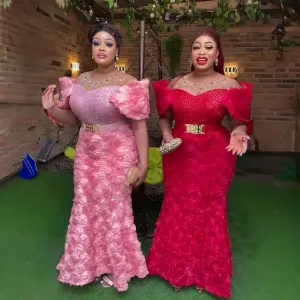Exquisite African Evening Dresses: Mesh 3D Embroidery, Rhinestone Sequin Belt, and Luxury Elegance
