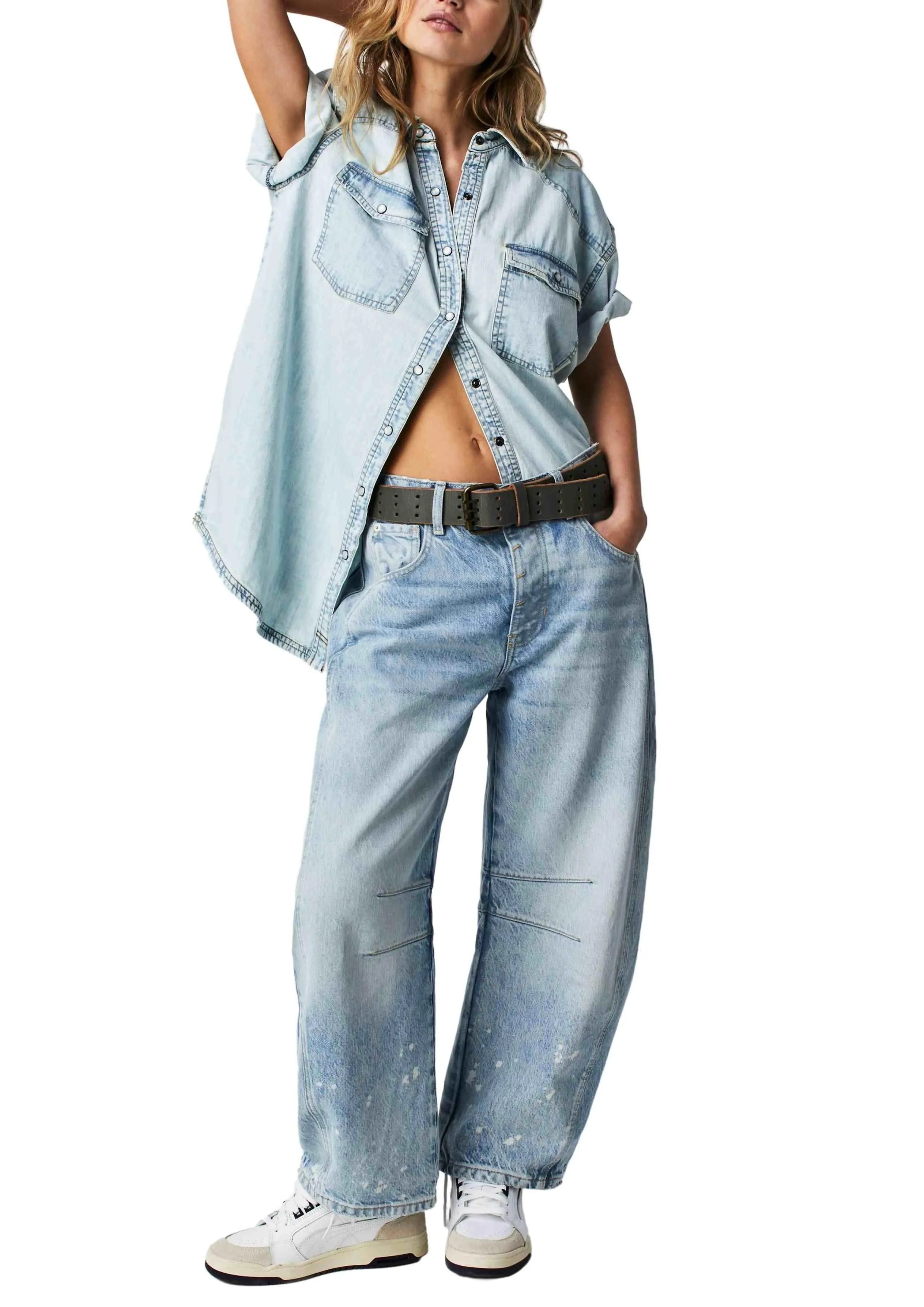 Free People Short Sleeves Denim Shirt in Light Wash