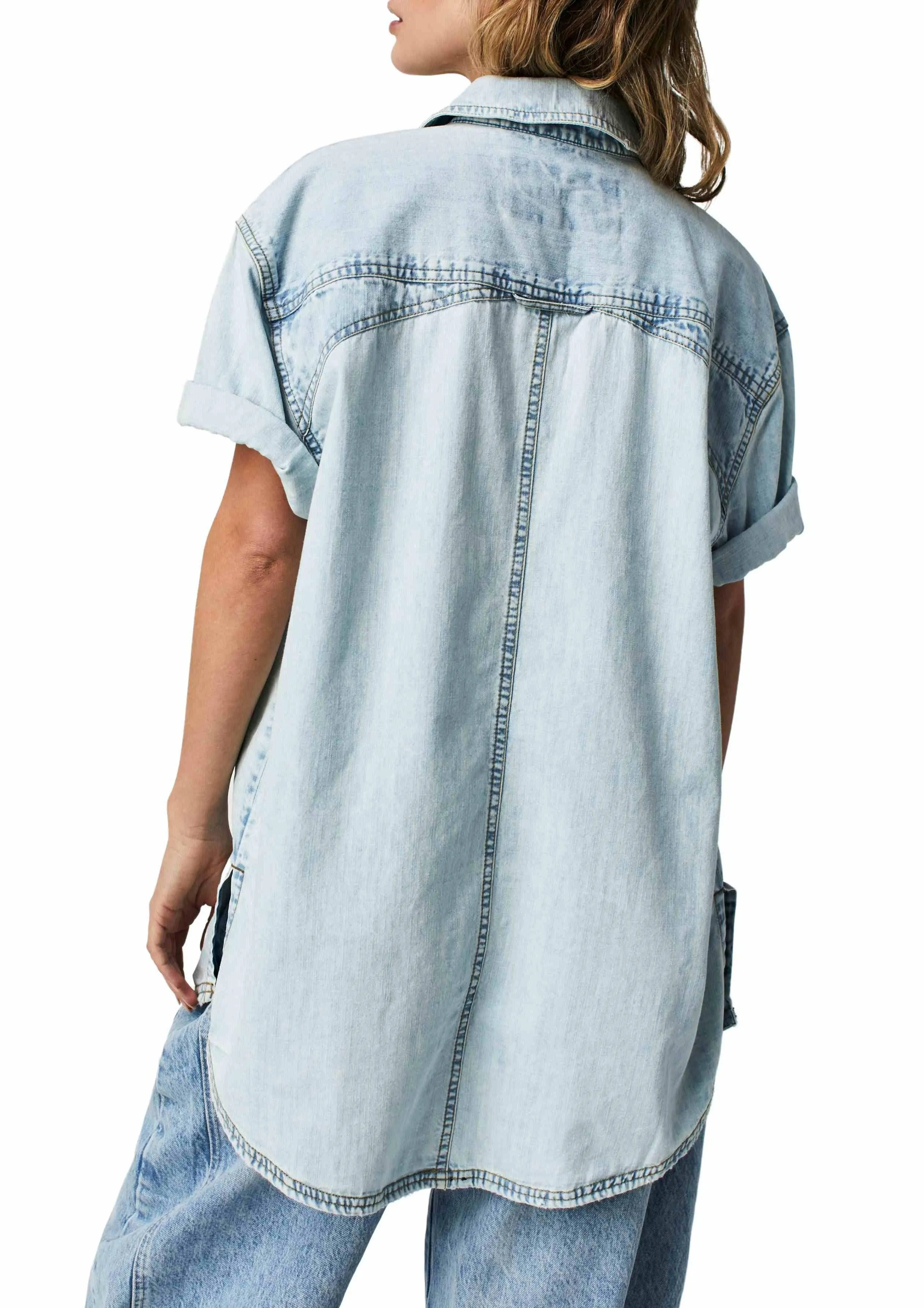 Free People Short Sleeves Denim Shirt in Light Wash