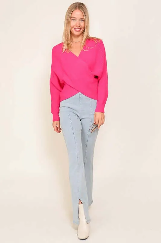 Fuchsia Relaxed Cross Over Front Cropped Sweater