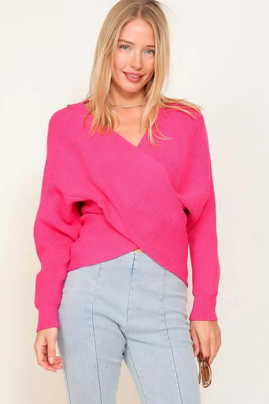 Fuchsia Relaxed Cross Over Front Cropped Sweater