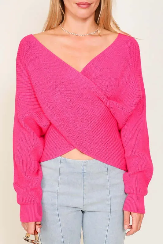 Fuchsia Relaxed Cross Over Front Cropped Sweater