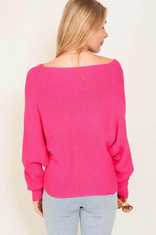 Fuchsia Relaxed Cross Over Front Cropped Sweater
