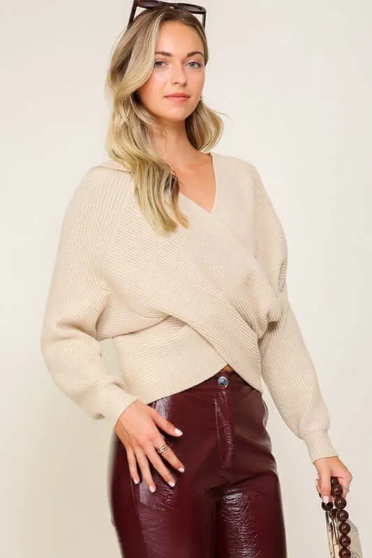 Fuchsia Relaxed Cross Over Front Cropped Sweater