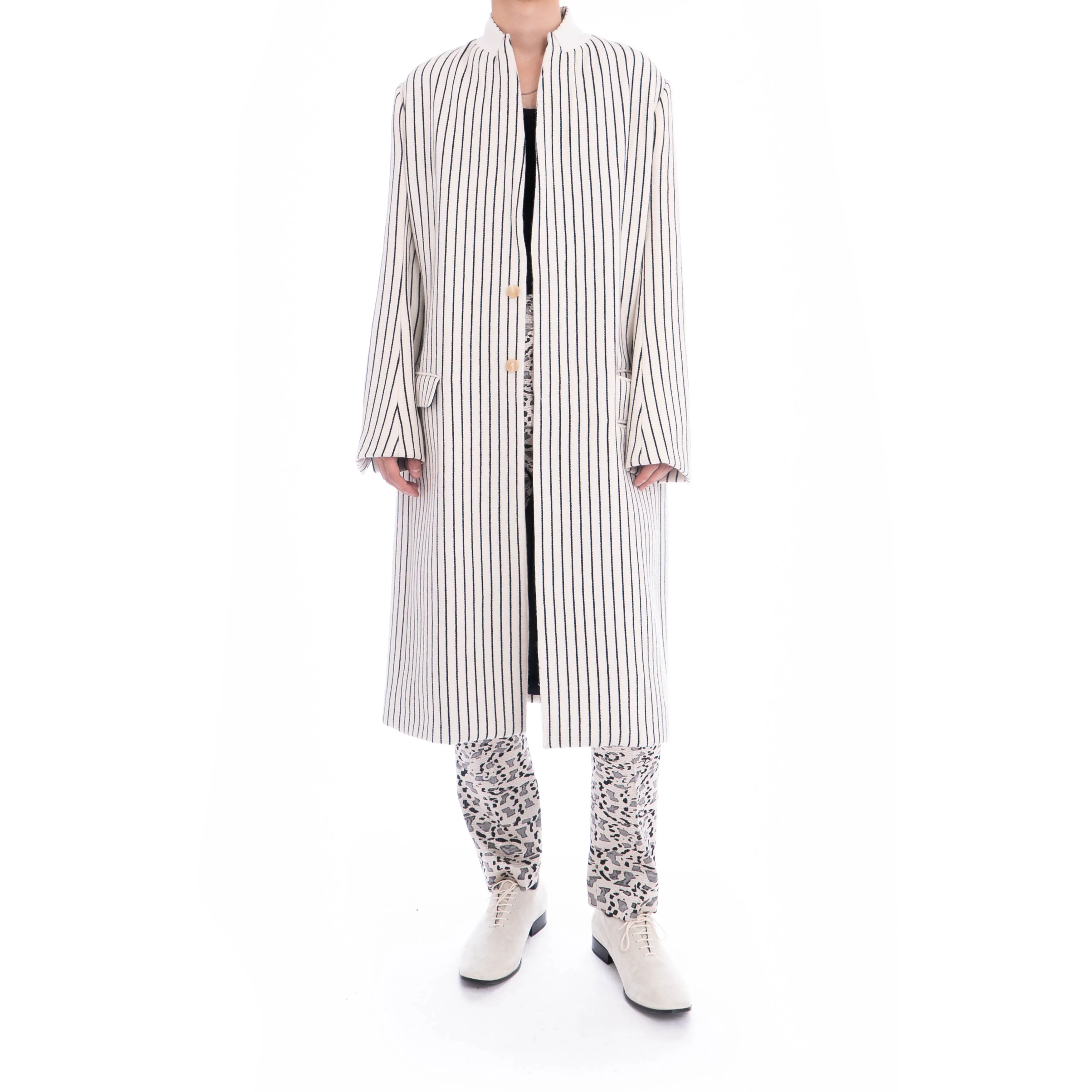 FW19 Ivory Wool Coat with Black Stripes Runway Sample
