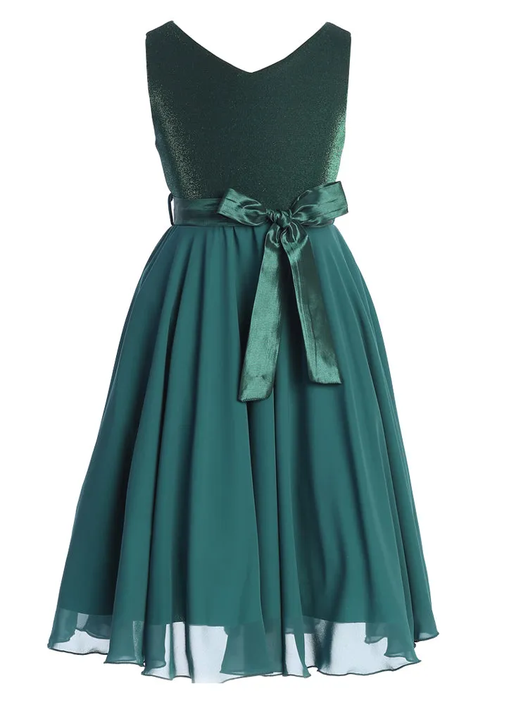 Girls Hunter Green Glitter V Neckline Flower Girl Dress 10