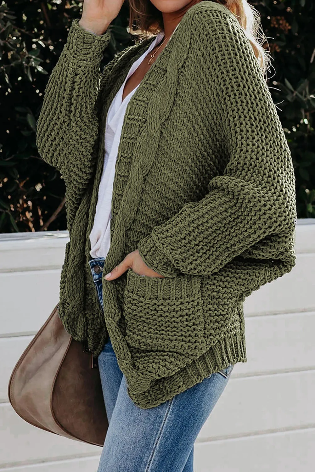 Green Chunky Knit Pocketed Cardigan