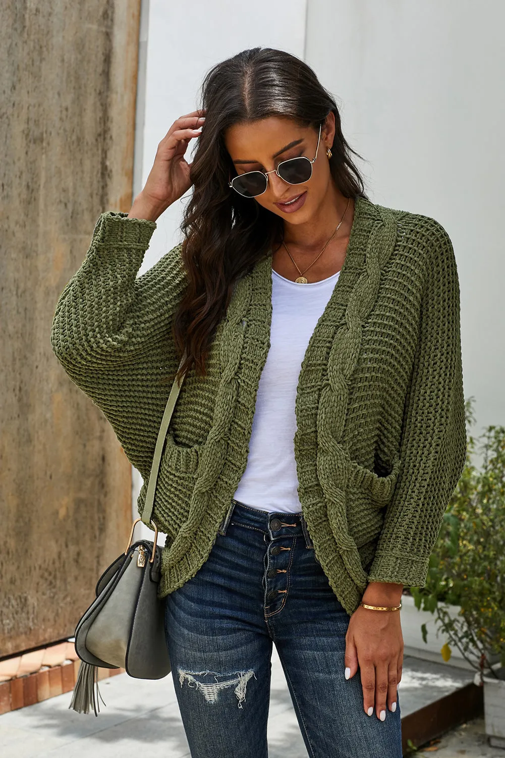 Green Chunky Knit Pocketed Cardigan