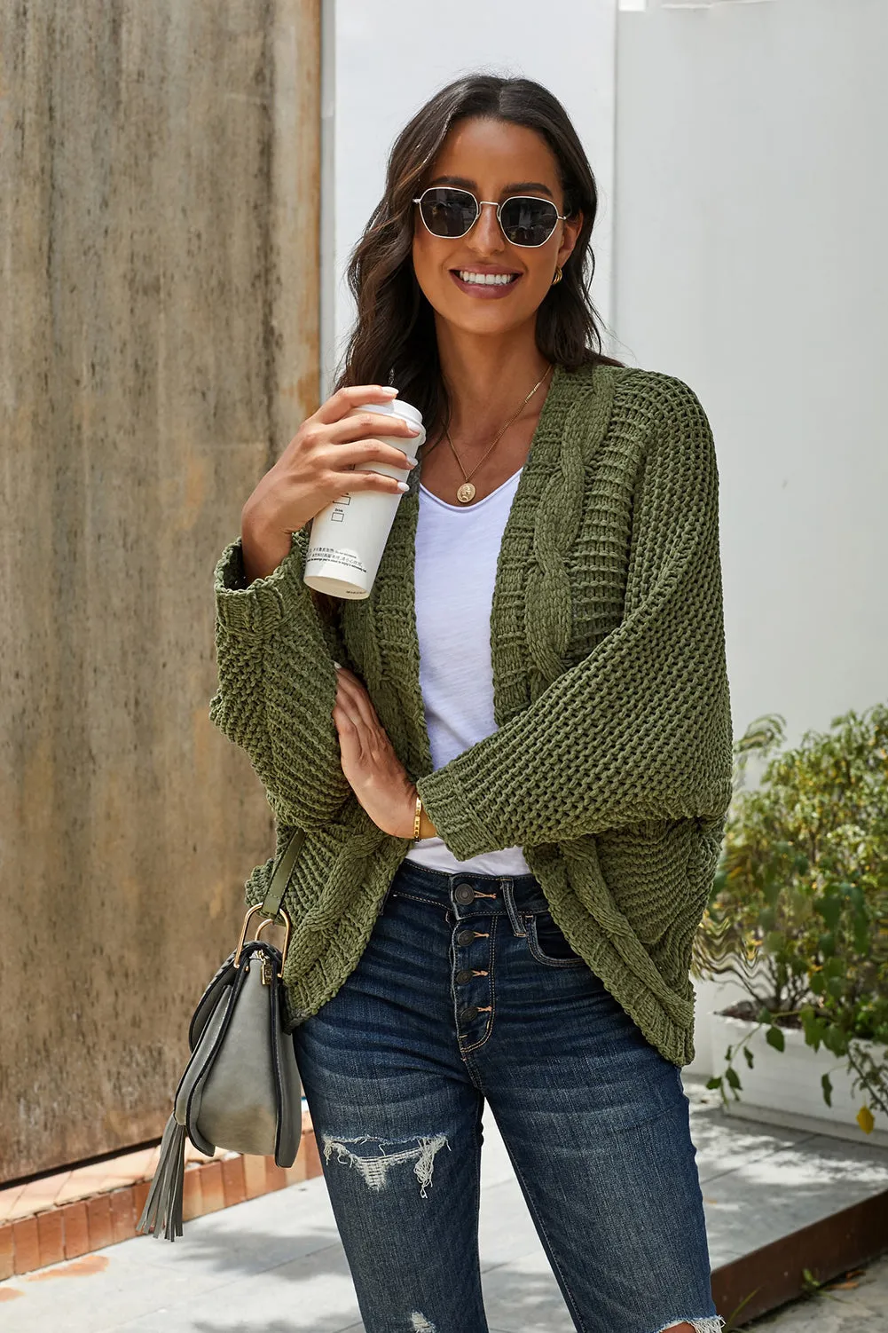 Green Chunky Knit Pocketed Cardigan