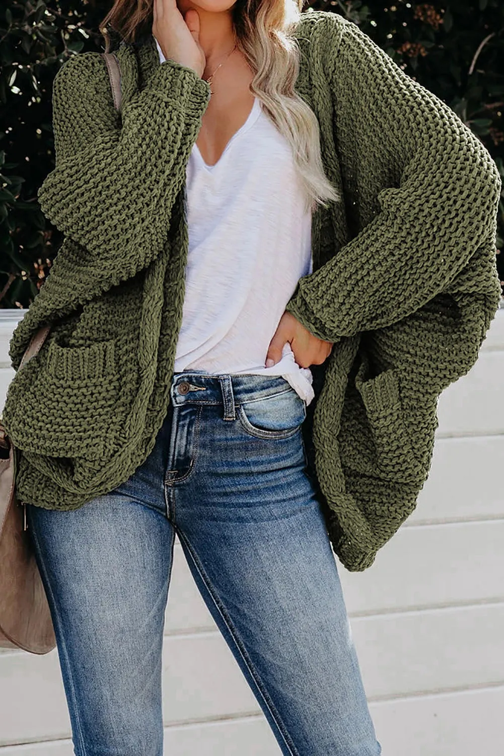 Green Chunky Knit Pocketed Cardigan